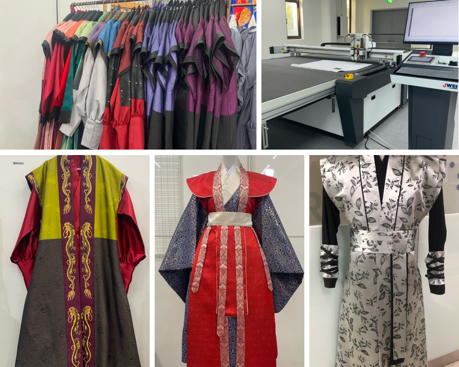 뉴트레 한복 제조 기업의 제작 환경과 다양한 한복 제품을 보여주는 소개 이미지