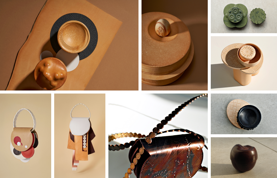 원이어퍼포먼스 제품 이미지 - 가방, 원형 합 시리즈, 탁본 물성형 시리즈 등