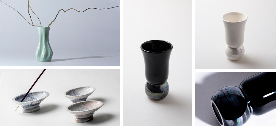 콕스(COCS) 제품 이미지 - 청자 요소 화병, 연리문 인센스 홀더, 귀얄문 고블릿