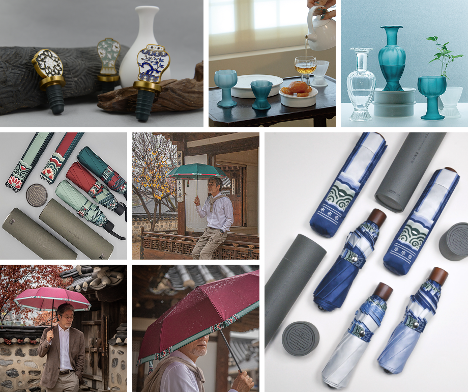 ㈜미미디자인 제품 이미지 - 고려 셀라던 청자 술잔, 조선왕실 와인마개, 단청 3단 우산 양산, 고려청자 케이스