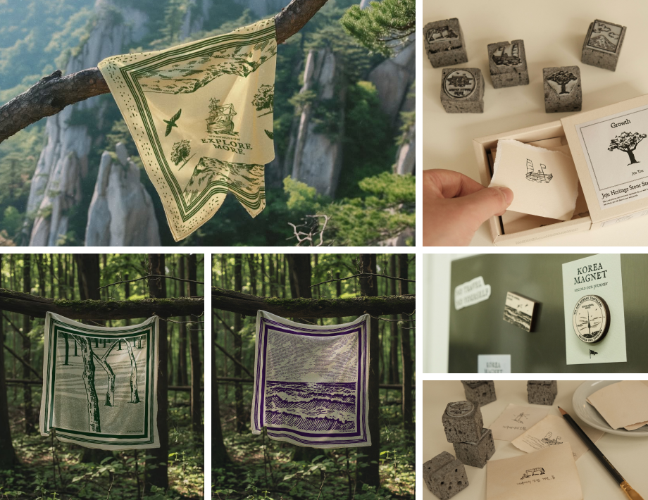 뤼코뮤지엄 소개 이미지 - 제주 현무암 헤리티지 스탬프 6pc, 한국 헤리티지 우드 마그넷 시리즈, 펜화 클래식 반다나 시리즈