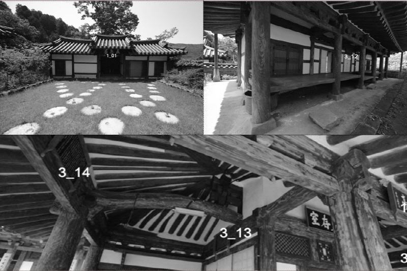 대문채 배면(上左), 소산정사 배면(上右), 한루정 내부(下)